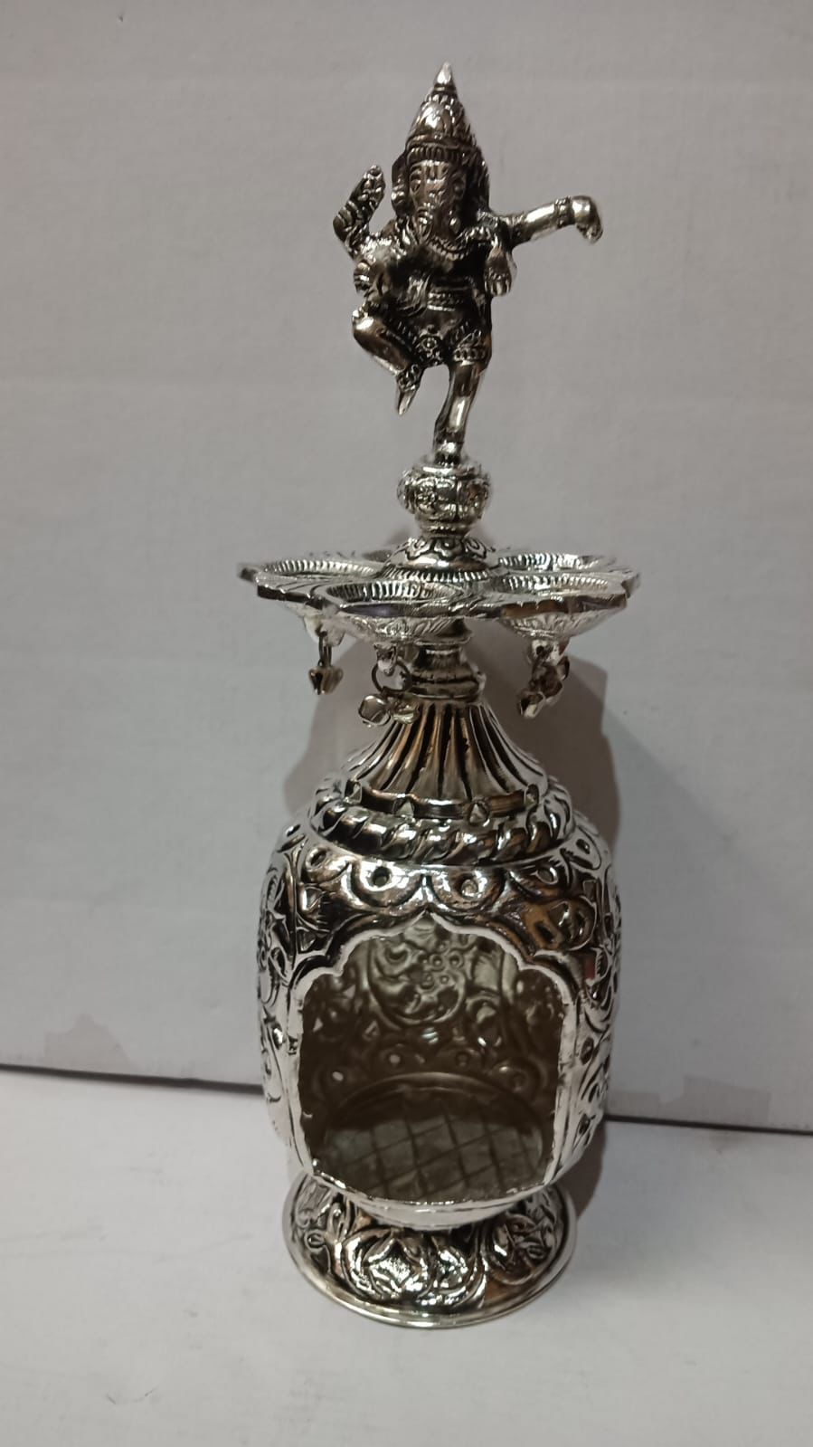 German Silver Dancing Ganesha Diya Stand with Intricate Jali Base