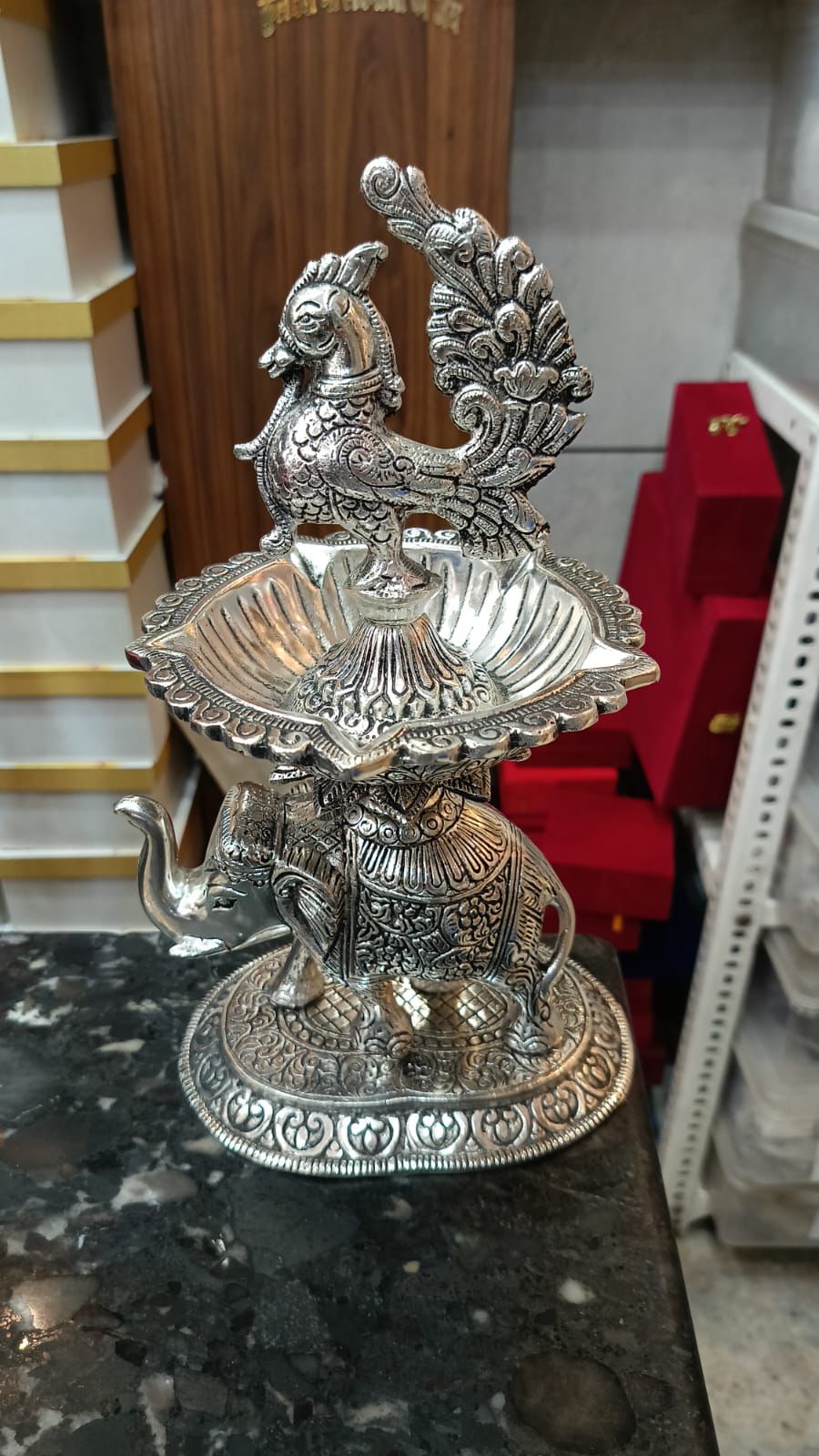German Silver Elephant Base Diya with Sculpted Peacock Top