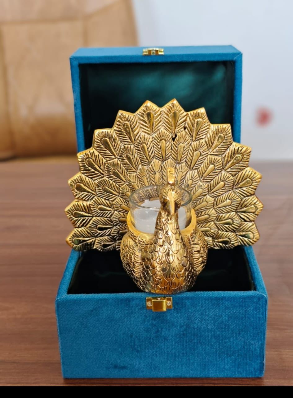 Golden Peacock T-Light Holder in Premium Velvet Box