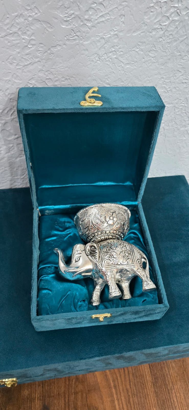 German Silver Engraved Elephant Kumkum Holder in Velvet Box