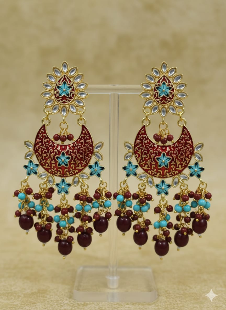 Gold Plated Meenakari Chandbali Earrings – Maroon & Turquoise