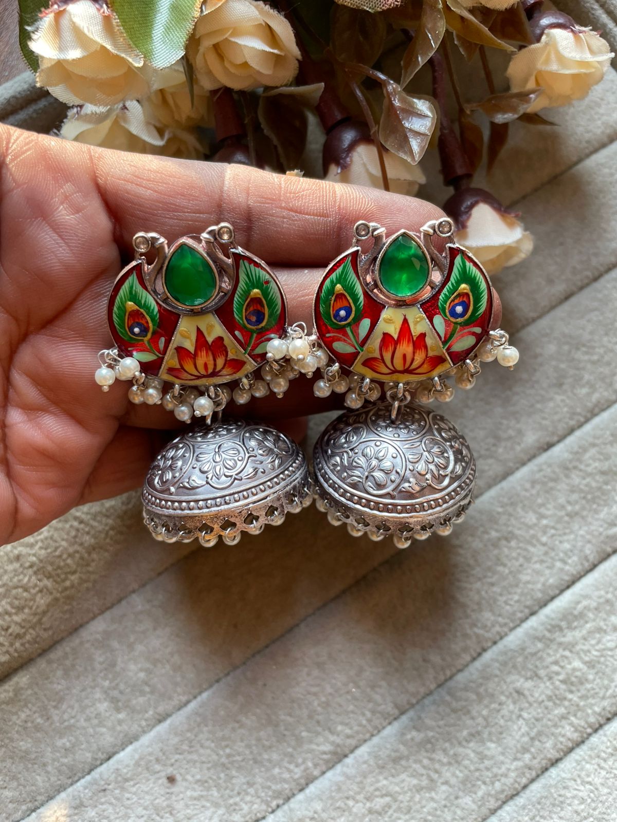 Oxidized Silver Meenakari Jhumka with Peacock & Lotus Design