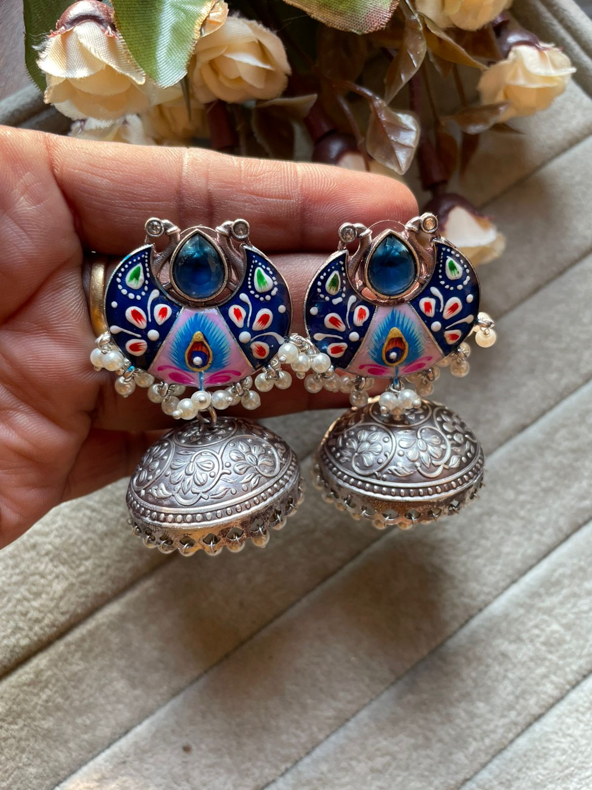 Oxidized Silver Meenakari Jhumka with Peacock & Lotus Design