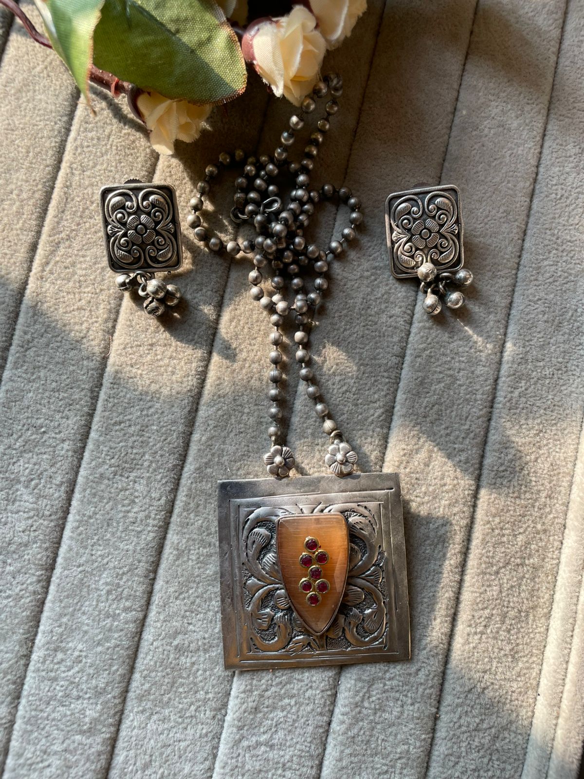 Boho Tribal Oxidized Necklace Set – Square Pendant with Amber Stone