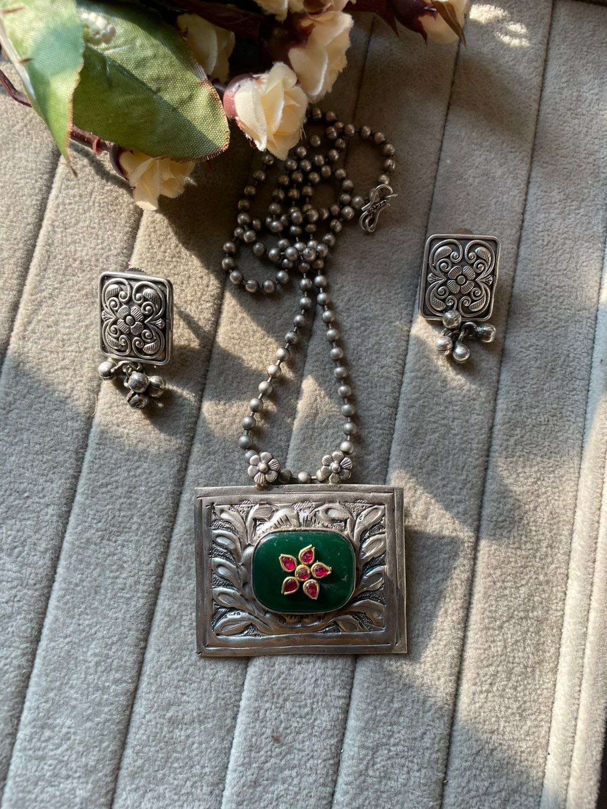 Boho Tribal Oxidized Necklace Set – Square Pendant with Green Stone