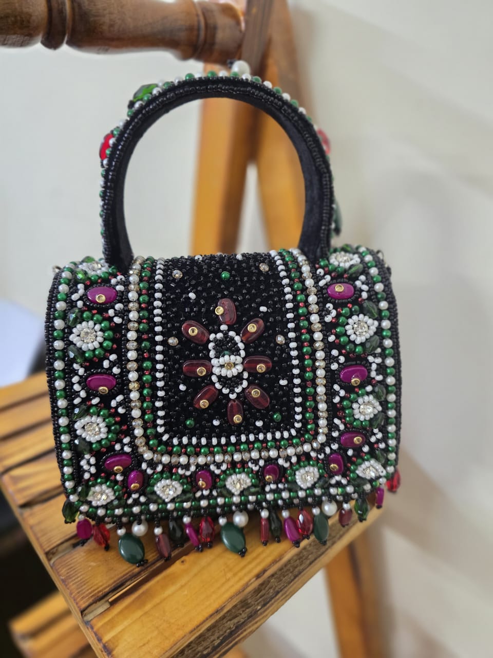 Black Beaded Top-Handle Bag – Multi-Color Floral Motif