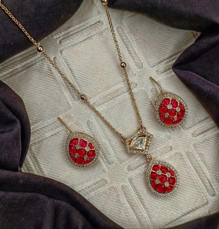 Gold Plated Pendant Necklace Set with Red Enamel & AD Stones