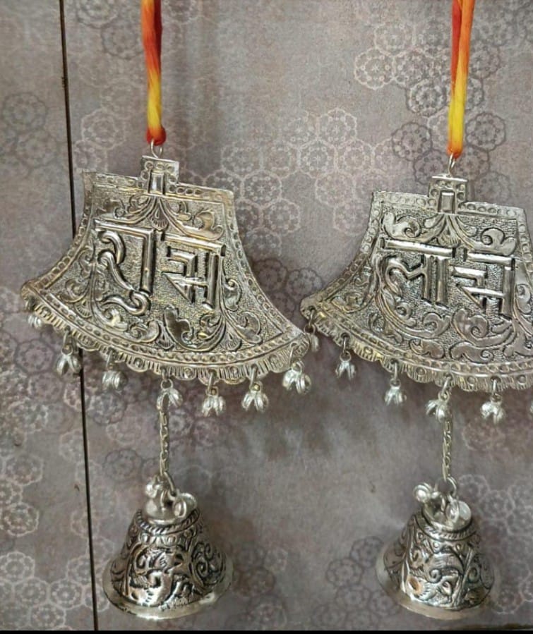 German silver hand engraved Subh Labh with Bells(Set of 2)