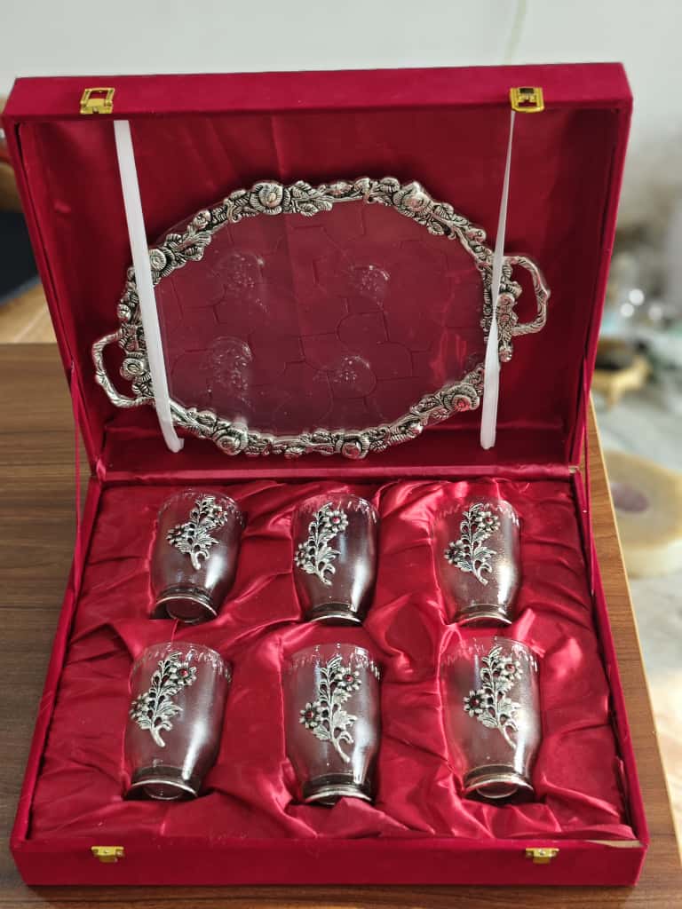 German Silver & Glass Tumbler Set of 6 with Serving Tray