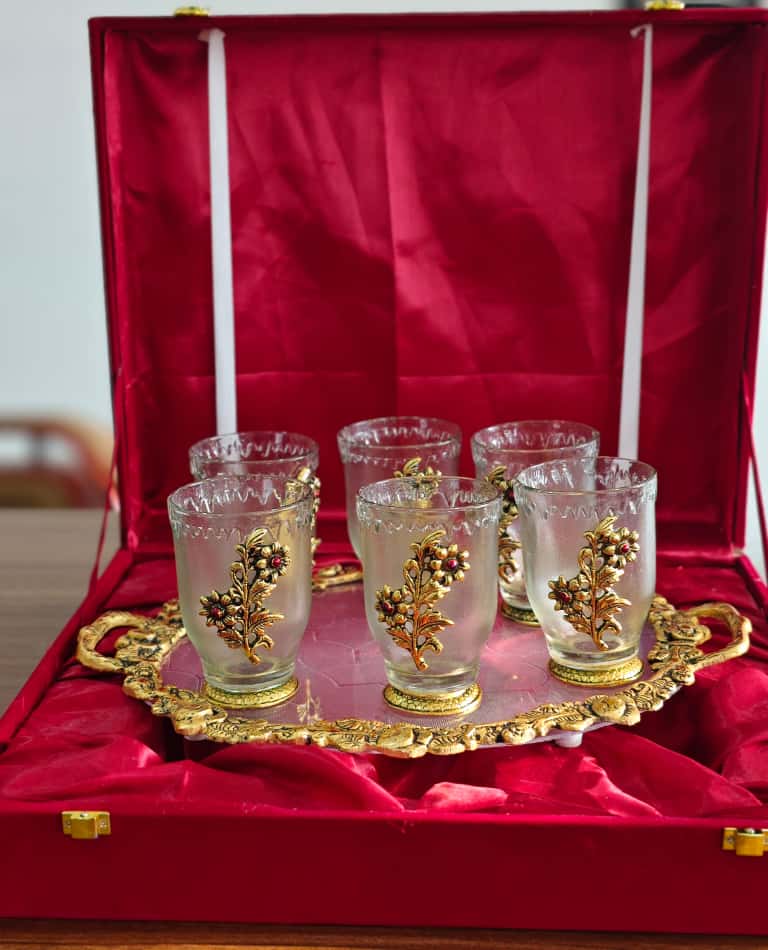 German Silver & Brass Glass Tumbler Set of 6 with Serving Tray