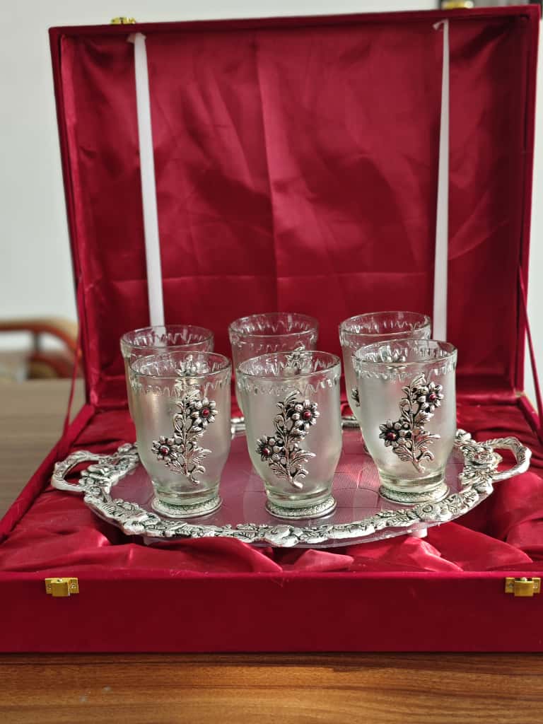 German Silver & Glass Tumbler Set of 6 with Serving Tray