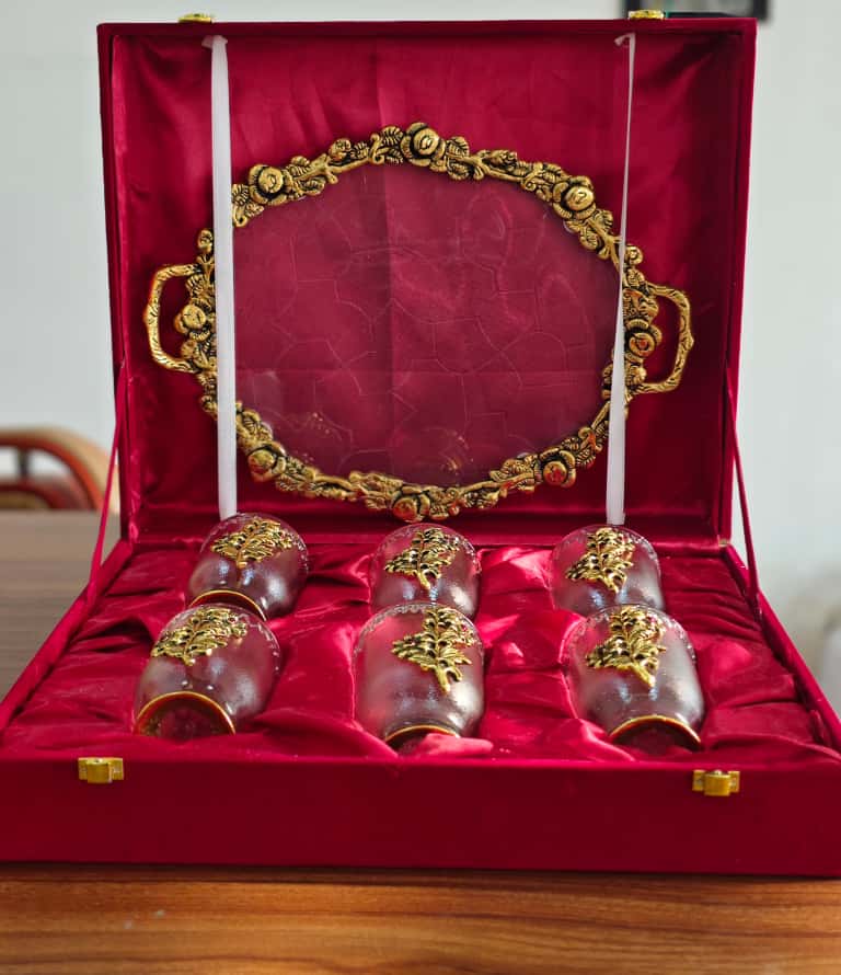 German Silver & Brass Glass Tumbler Set of 6 with Serving Tray