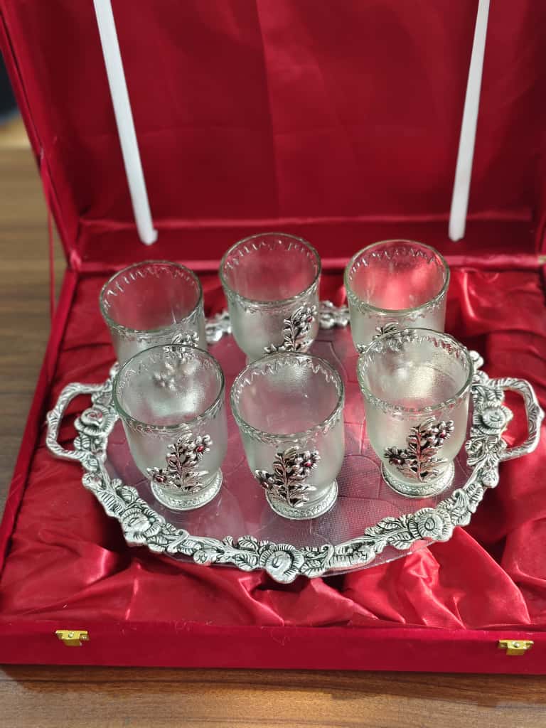 German Silver & Glass Tumbler Set of 6 with Serving Tray
