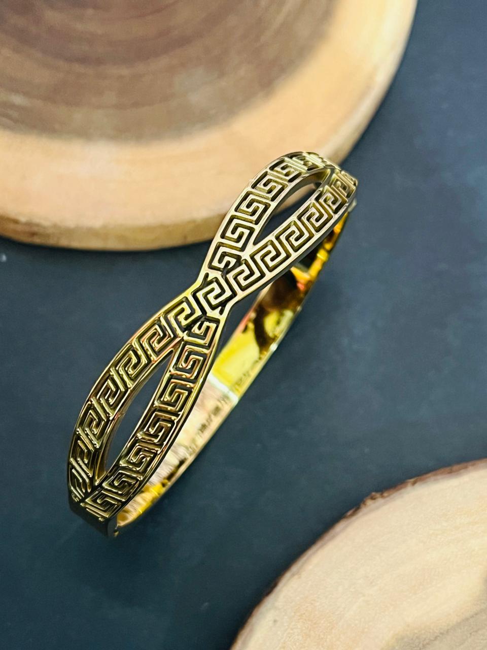 Modern Greek Key Crossover Bangle – Gold Plated