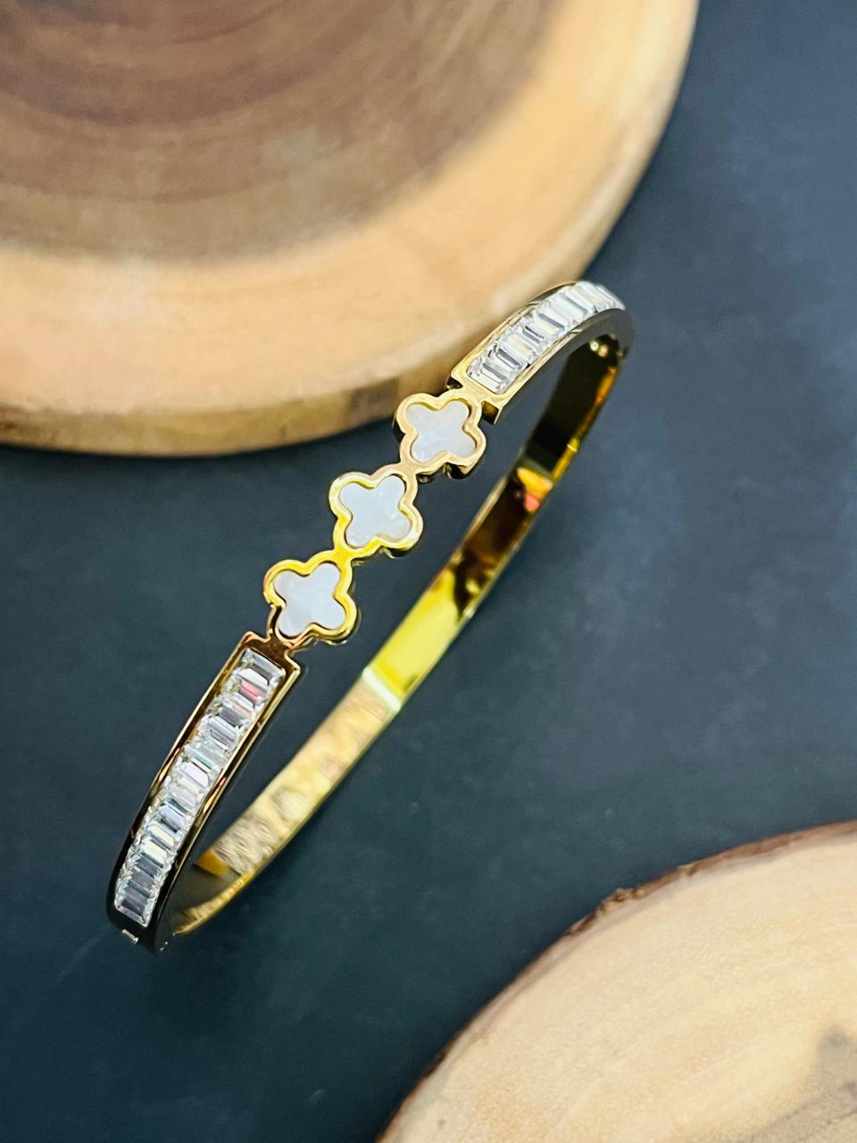 Triple Clover Bangle – White Enamel & Baguette Crystals