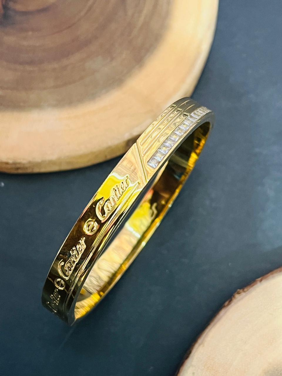 Signature Script Engraved Bangle – Gold Plated with Baguette Crystals