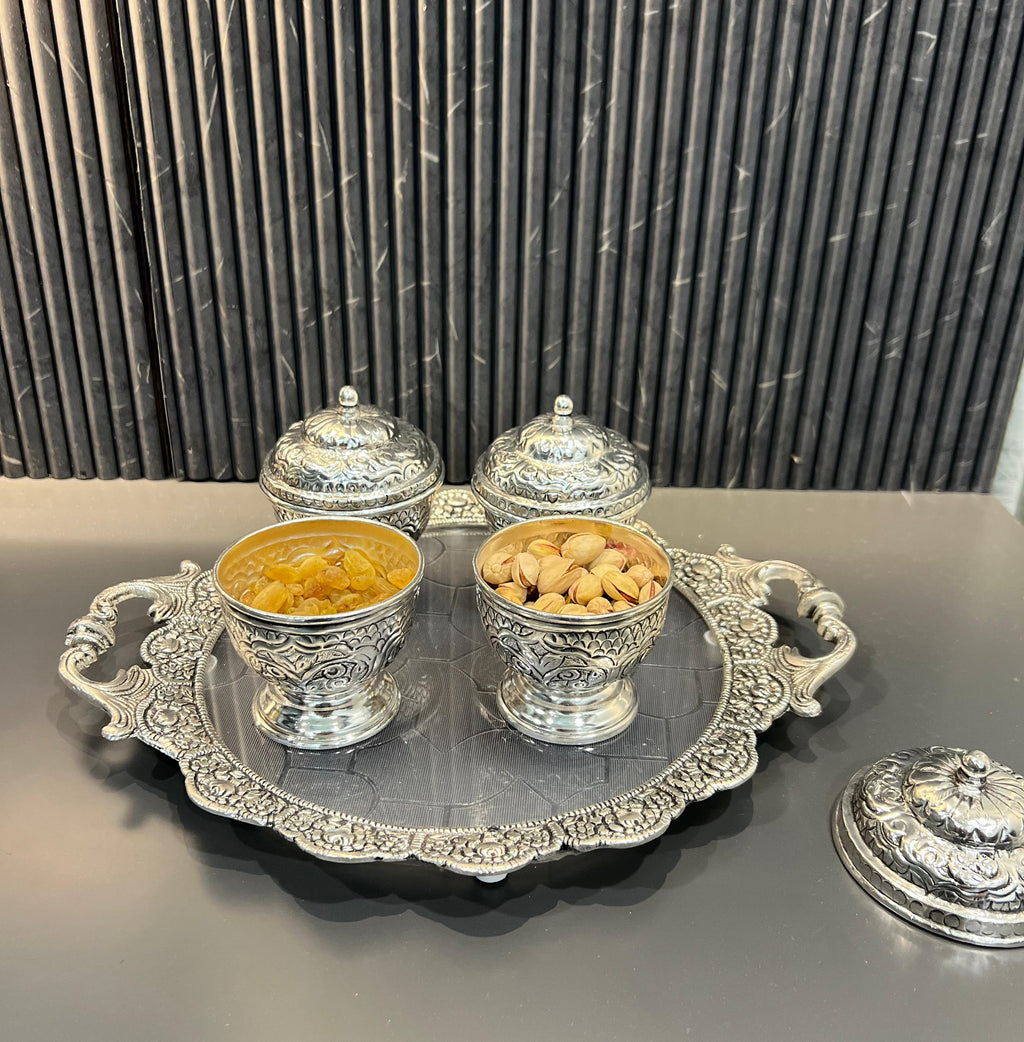 German Silver 4-Bowl Serving Set with Tray for Mukhwas & Dry Fruits