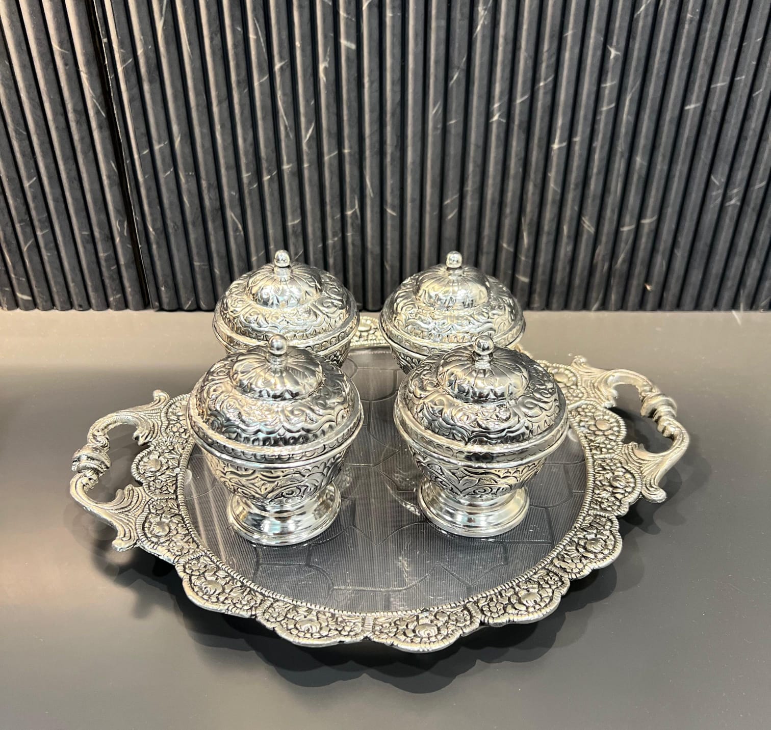 German Silver 4-Bowl Serving Set with Tray for Mukhwas & Dry Fruits