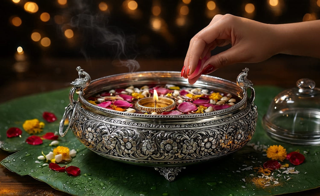 German Silver Peacock Handle Urli Bowl