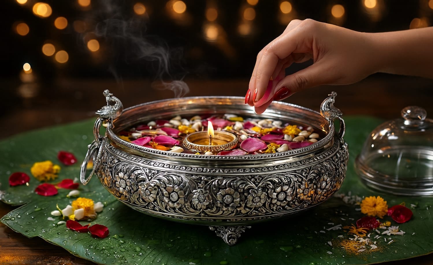 German Silver Peacock Handle Urli Bowl