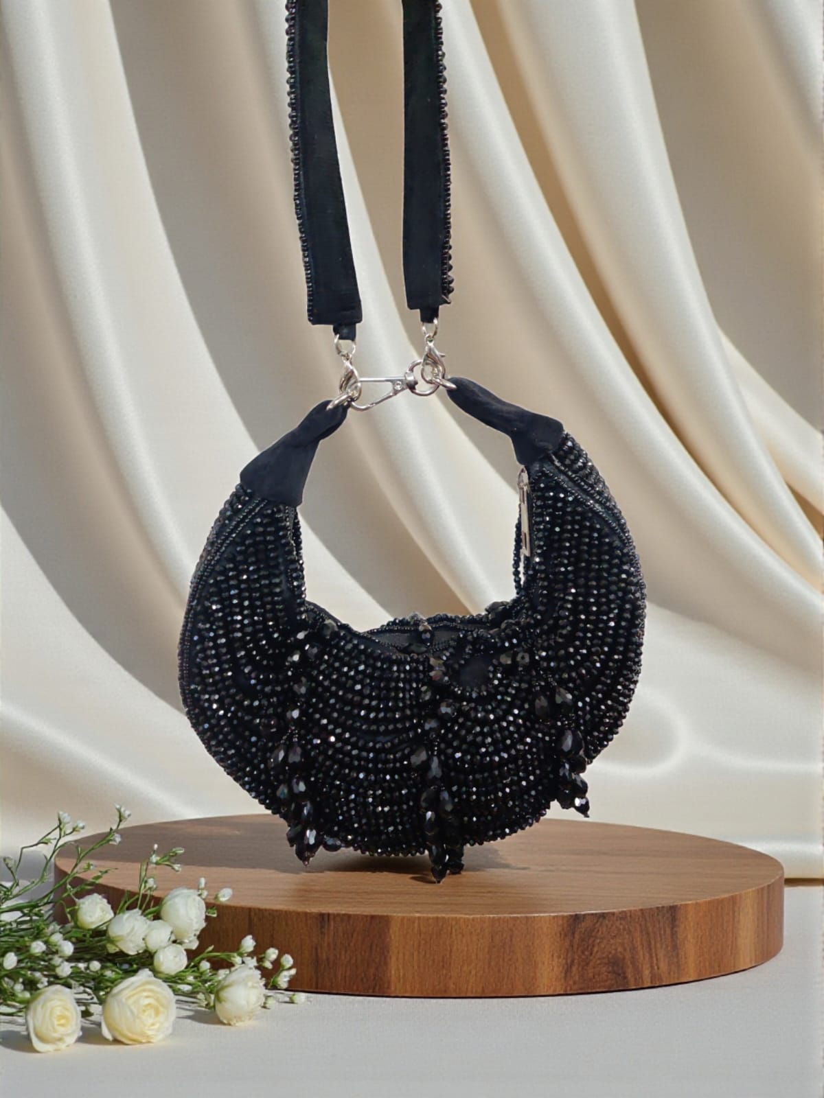Black Beaded Crescent Bag with Crystal Drops