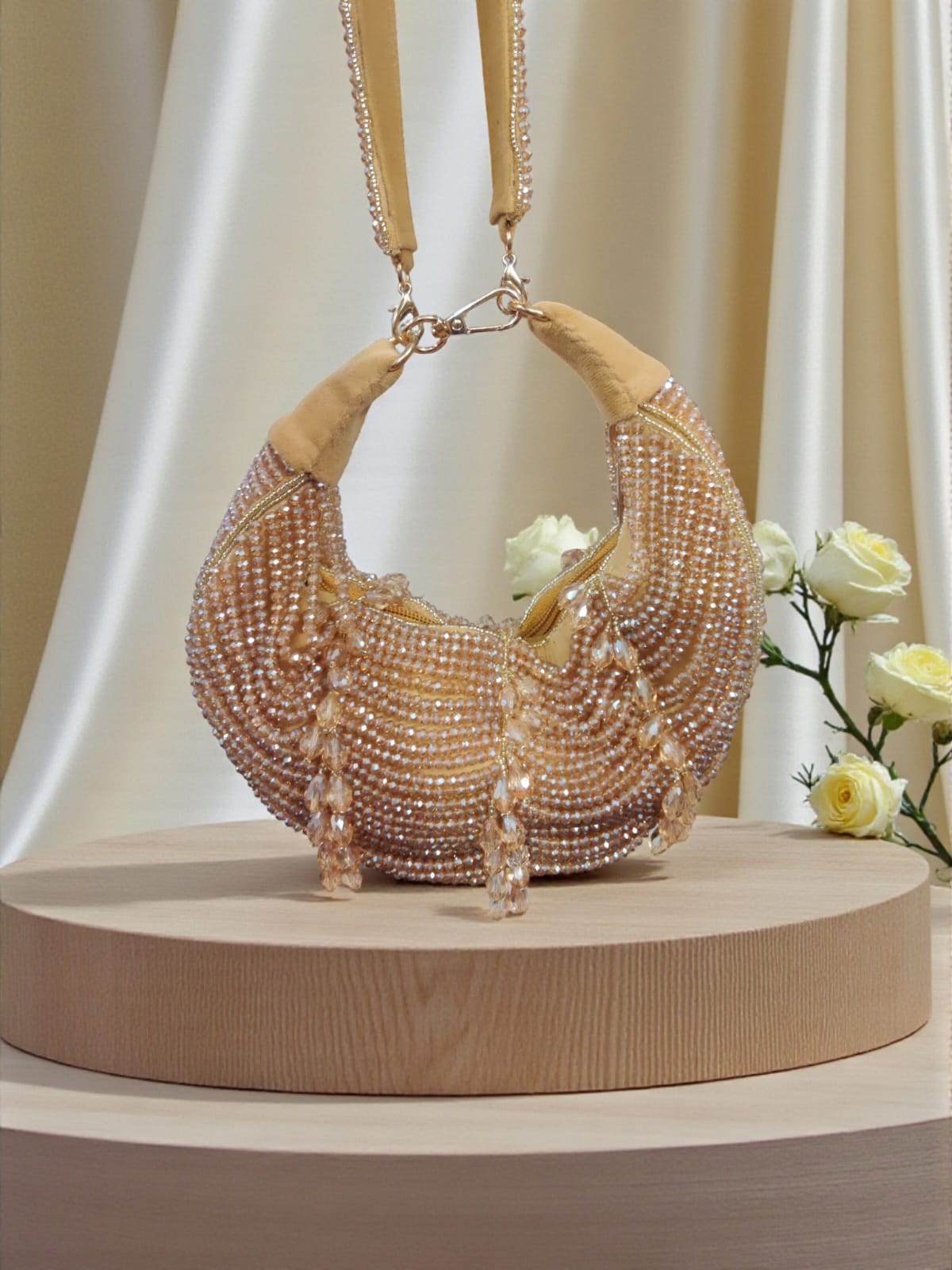 Champagne Gold Beaded Crescent Shoulder Bag