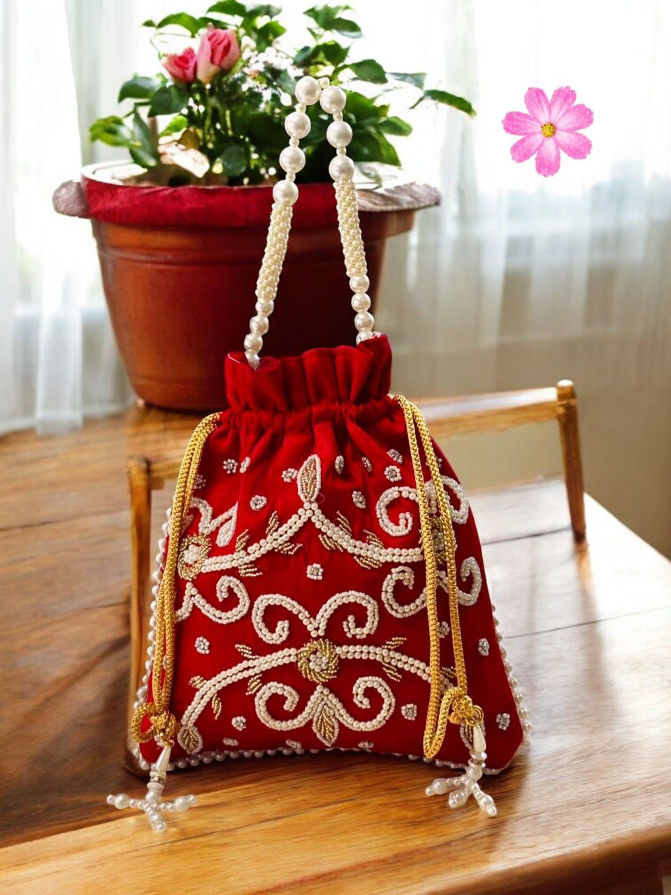 Red Velvet Potli Bag with Intricate Pearl & Bead Embroidery