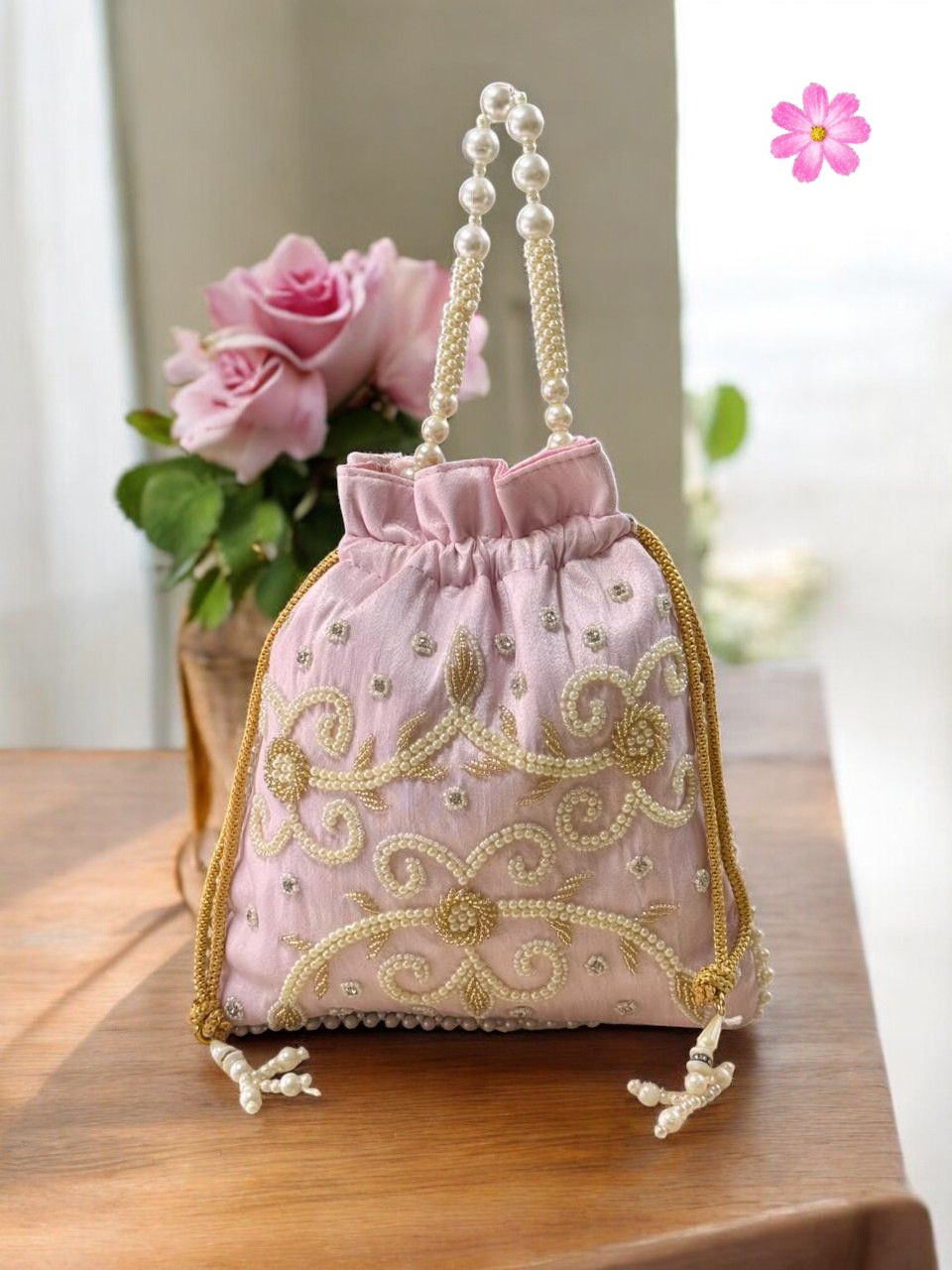 Blush Pink Potli Bag with Pearl & Bead Work