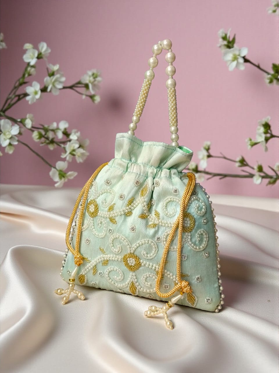 Mint Green Silk Potli Bag with Pearl & Gold Work