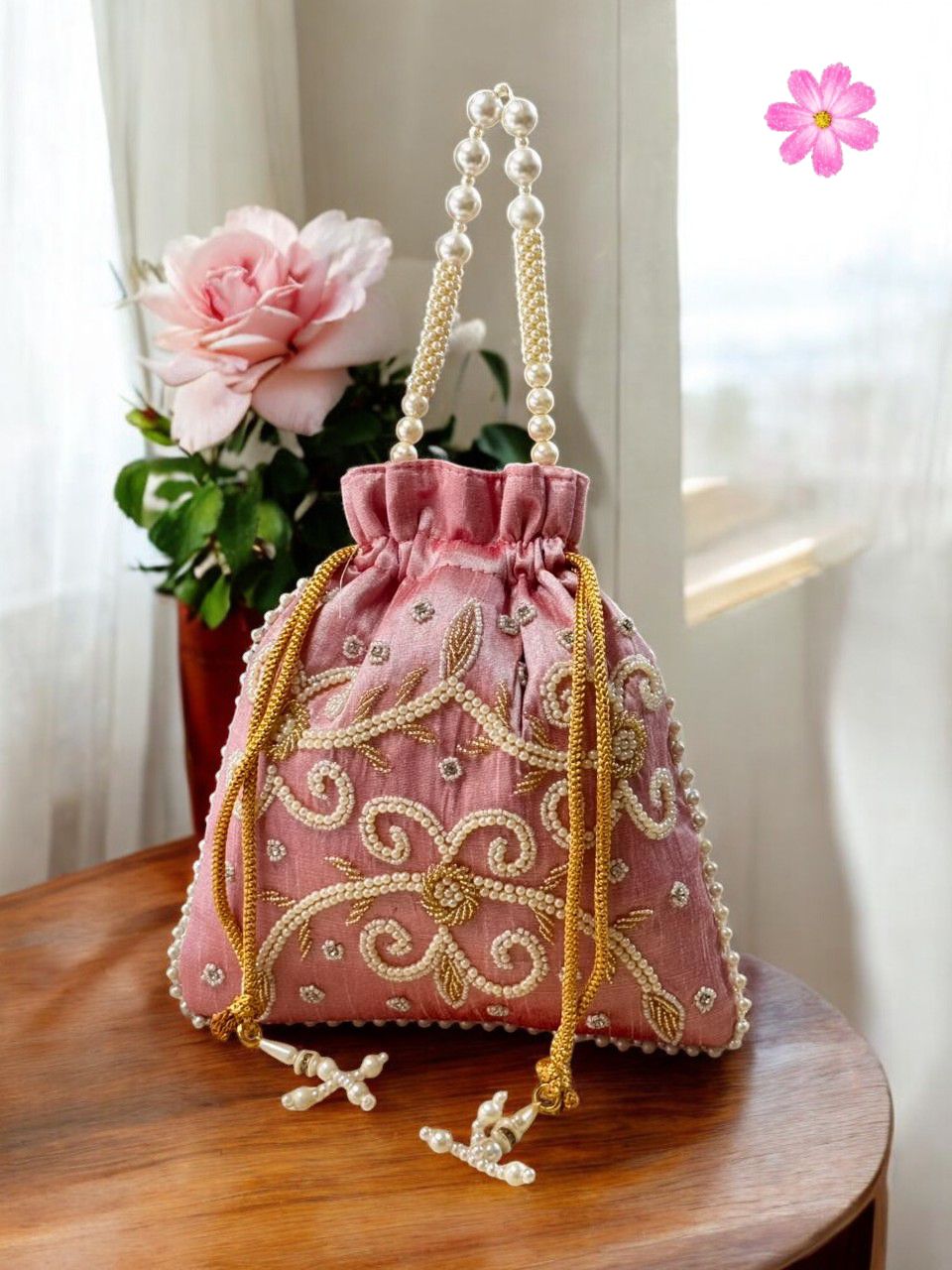 Dusty Pink Velvet Potli Bag with Intricate Pearl Work