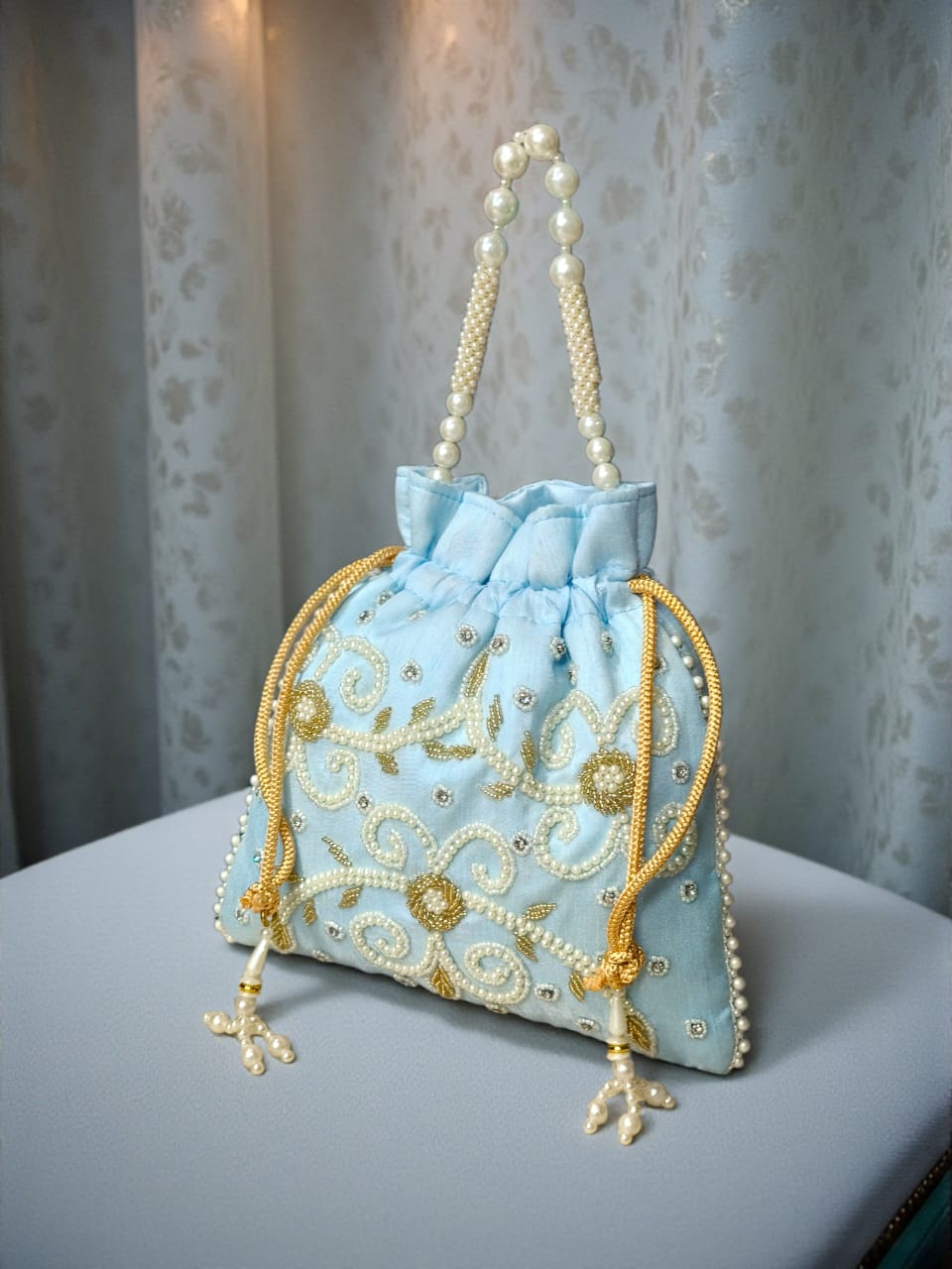 Sky Blue Silk Potli Bag with Pearl & Gold Work