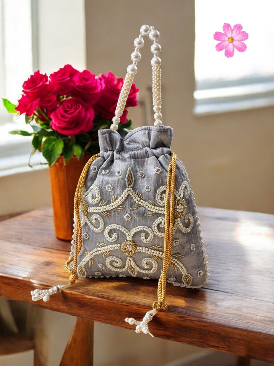 Grey Silk Potli Bag with Intricate Pearl & Silver Work