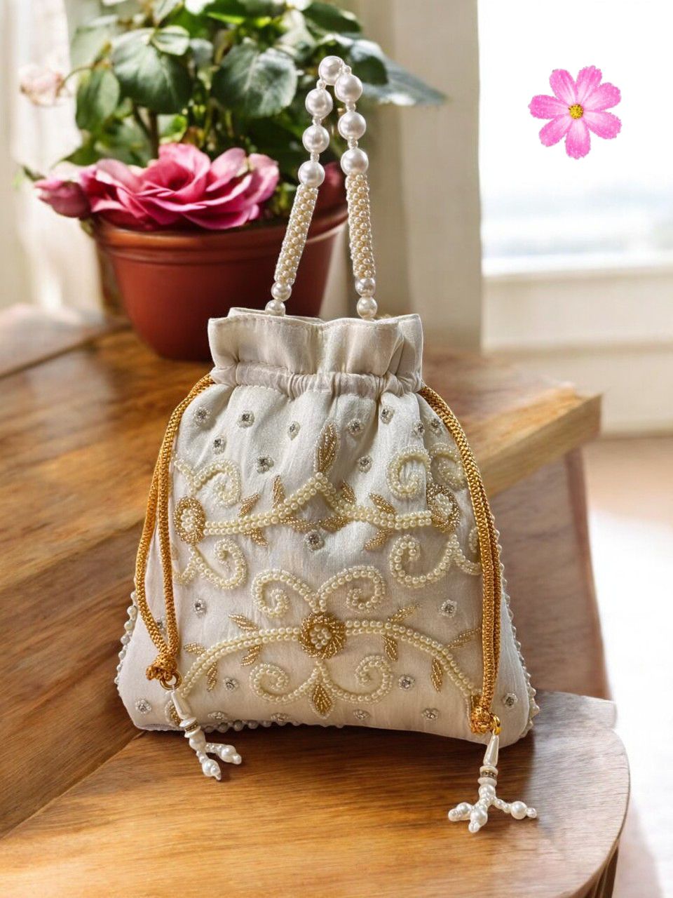 Ivory Cream Silk Potli Bag with Intricate Pearl Work