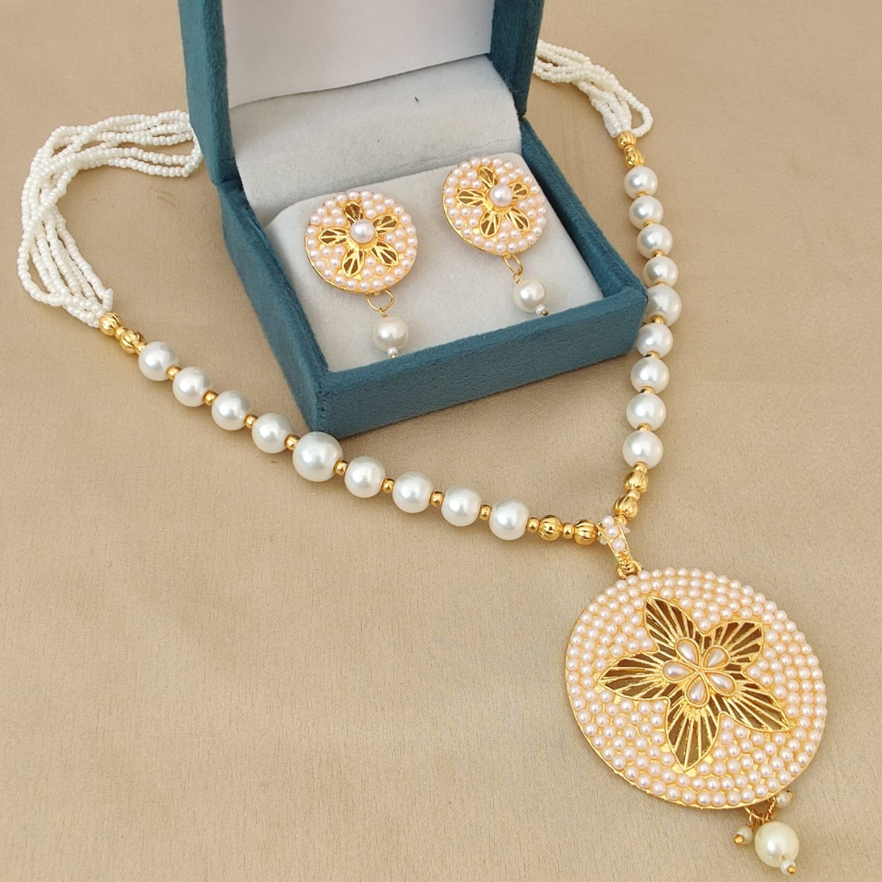 Gold Plated Pearl Necklace Set with Gold Floral Star Pendant