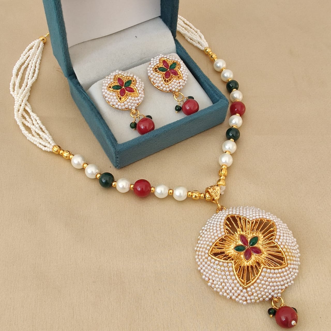 Gold Plated Pearl Necklace Set with Red & Green Floral Pendant