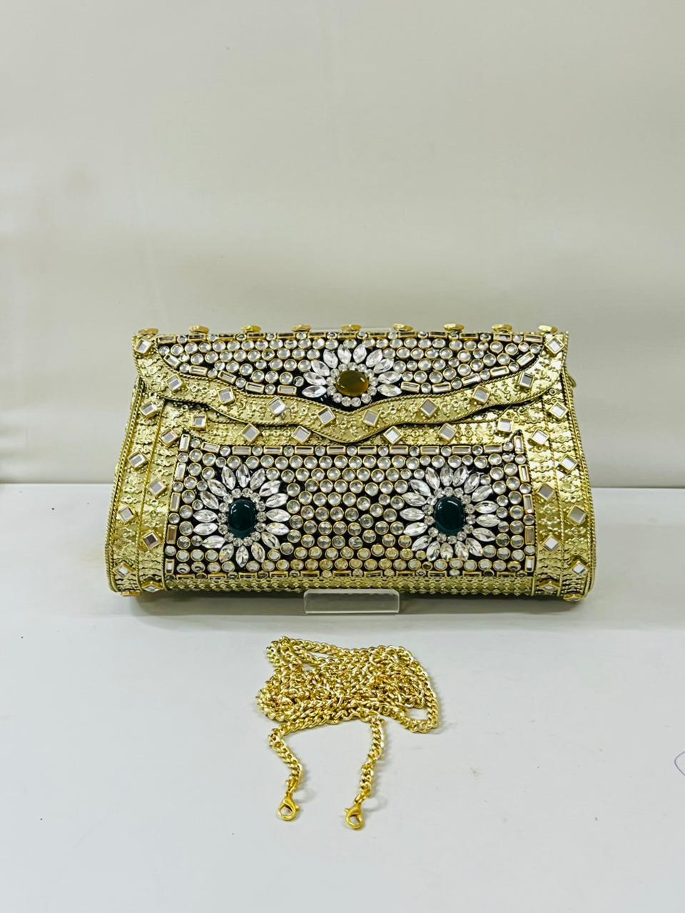 Gold Mosaic Clutch with Emerald & Amber Stone Accents