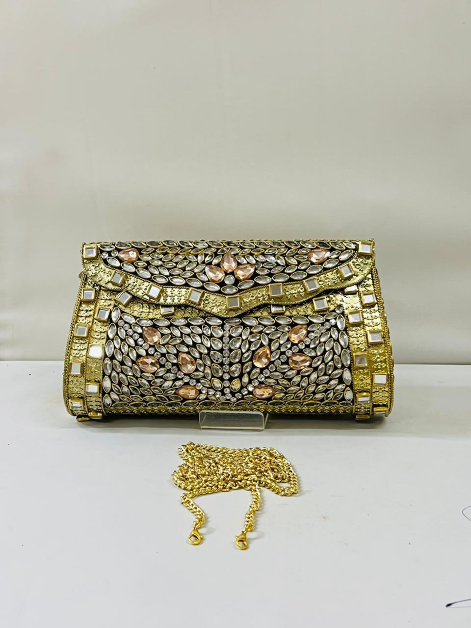 Gold & Peach Stone Mosaic Clutch with Mirror Accents
