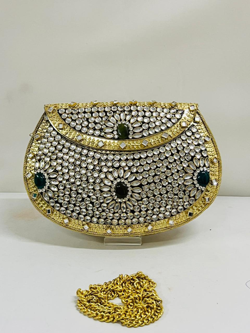 Gold & Emerald Green Stone Mosaic Clutch