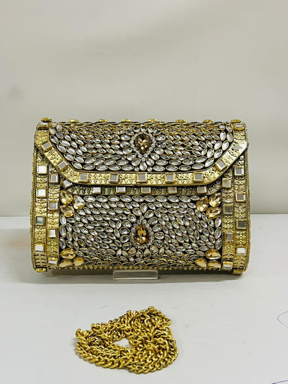 Gold & Champagne Crystal Mosaic Clutch with Mirror Accents