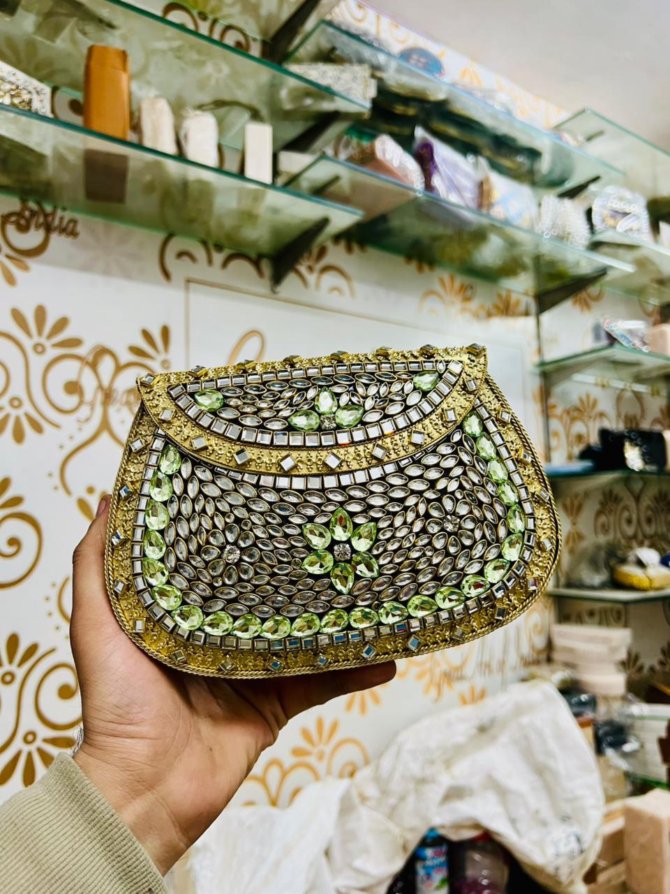 Gold & Mint Green Stone Mosaic Clutch