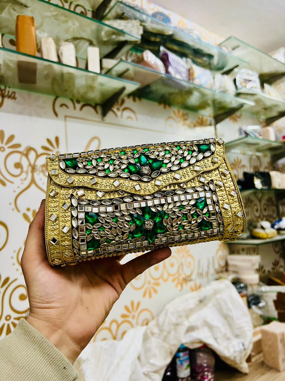 Gold & Emerald Green Floral Stone Mosaic Clutch