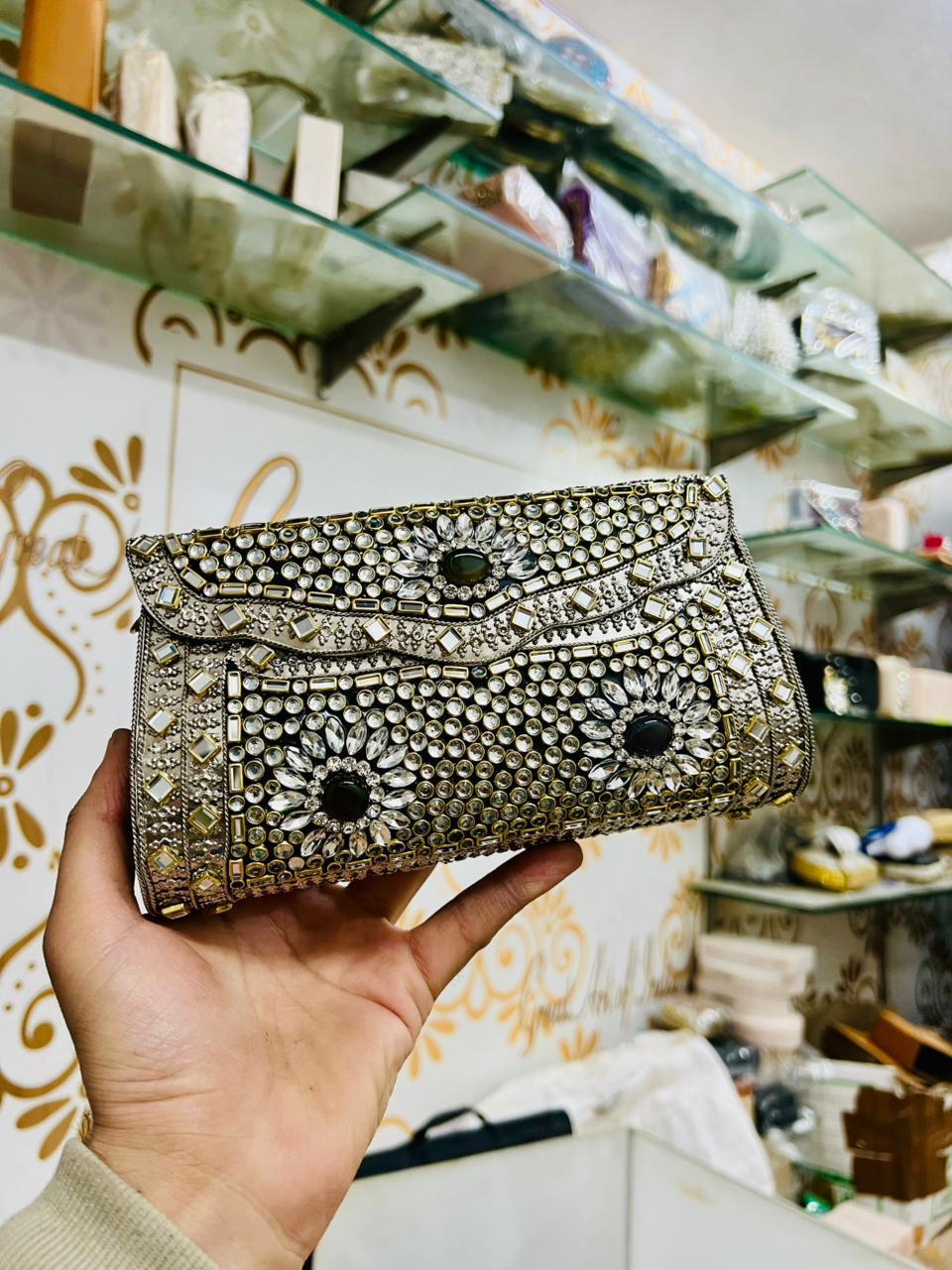 Gold Mosaic Clutch with Black Onyx Stone Accents