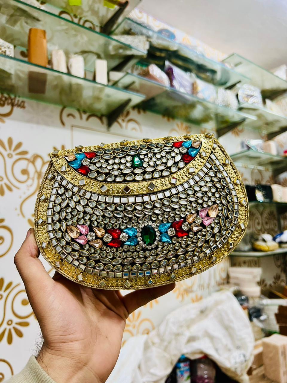 Gold & Multi-Color Stone Mosaic Clutch
