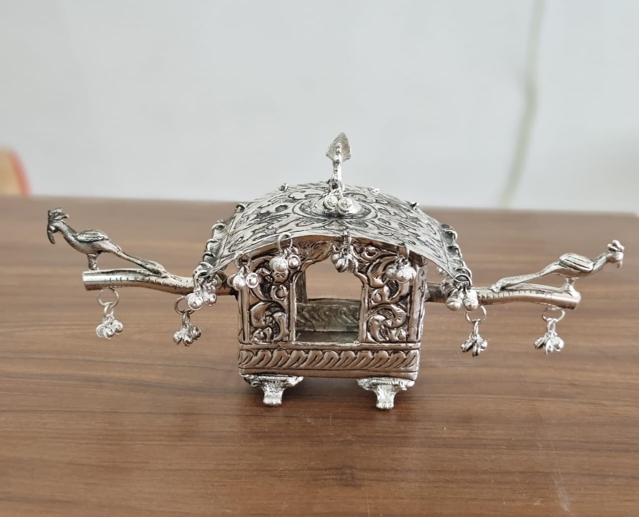 German Silver Palki Design Kumkum Holder with Peacock Handles
