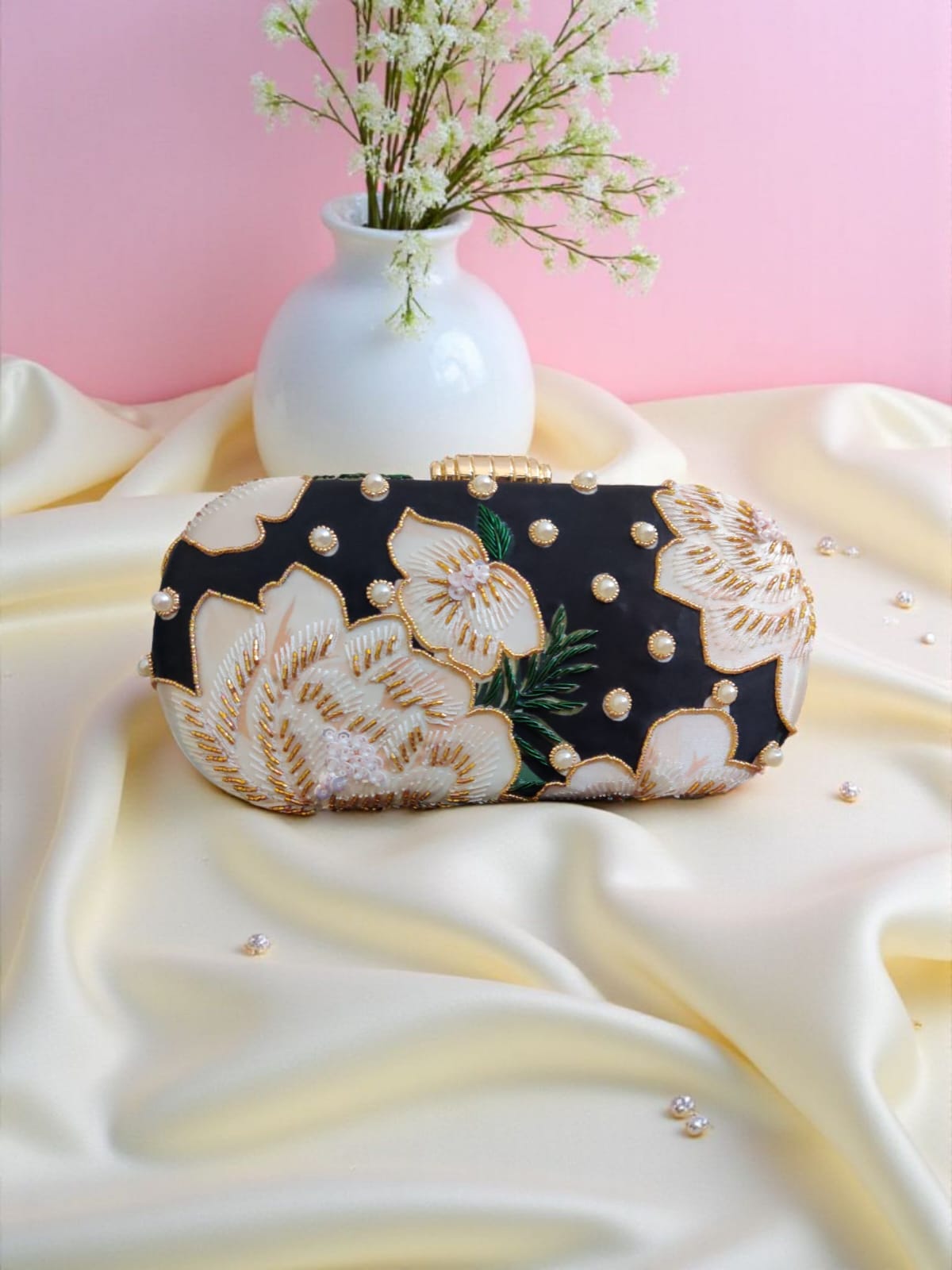 Black & White Floral Embroidered Box Clutch with Pearls