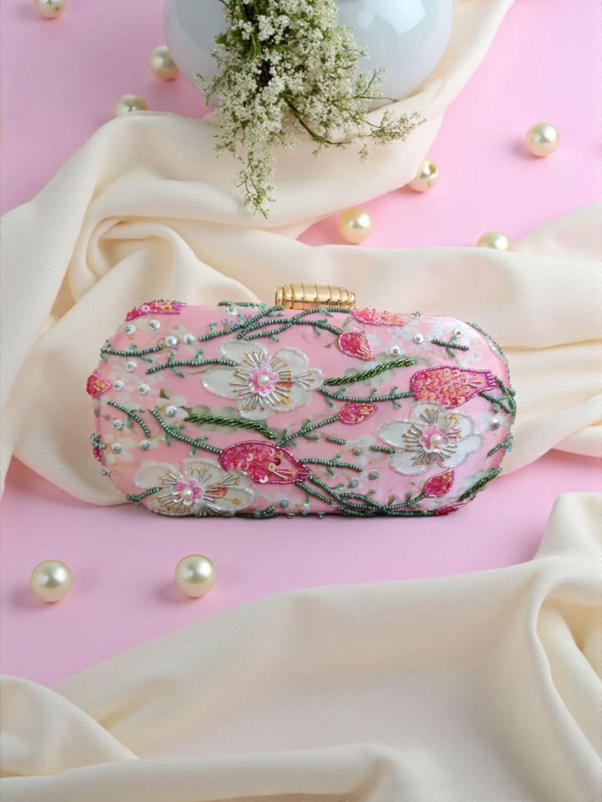 Baby Pink & White Floral Embroidered Box Clutch