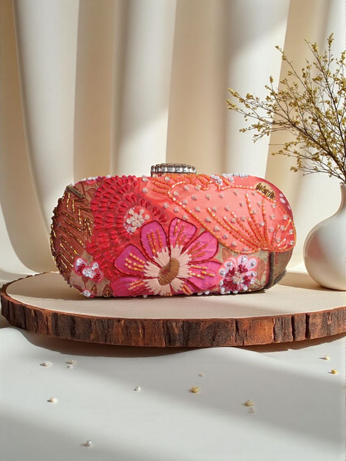 Coral Pink Floral Embroidered Box Clutch