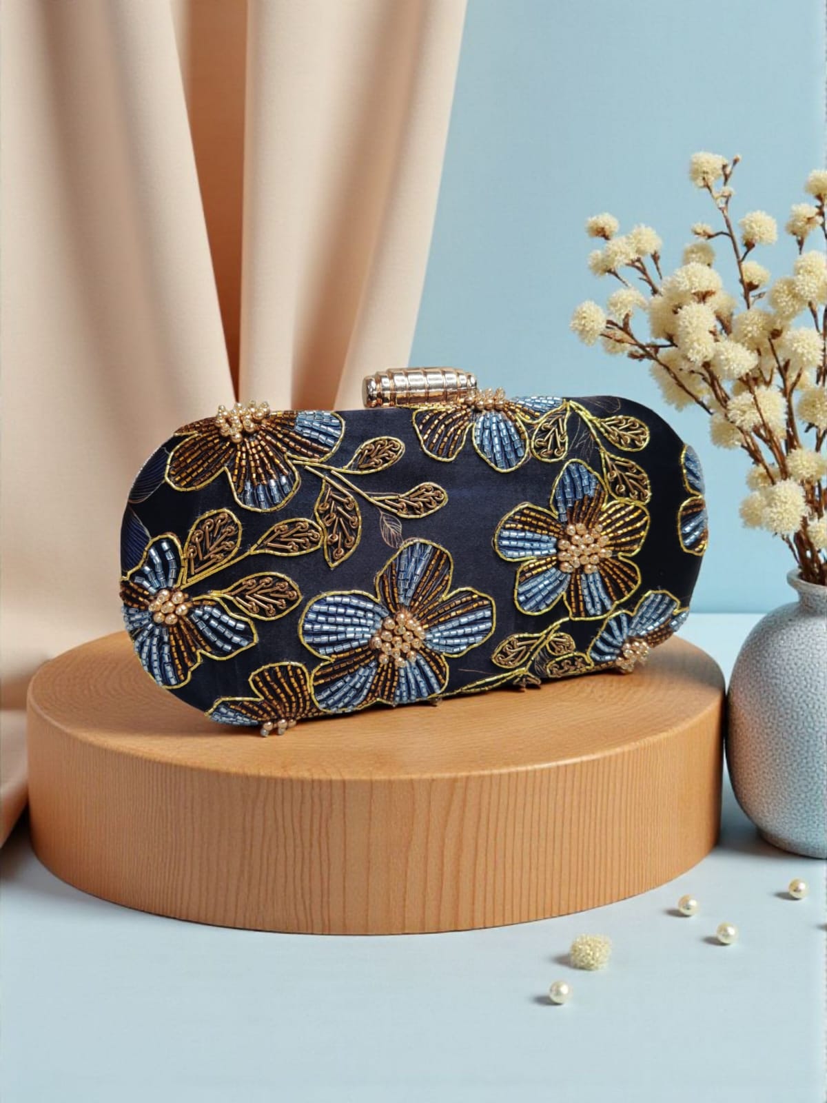 Black & Gold Floral Embroidered Box Clutch