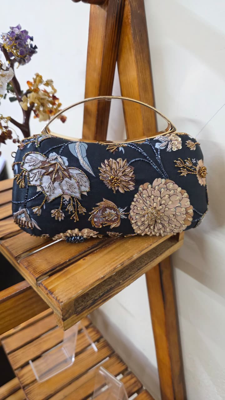 Black Satin Box Clutch with Antique Gold & Bronze Floral Embroidery