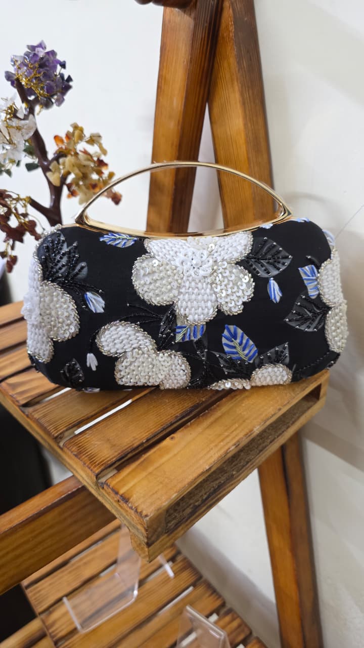 Black Satin Box Clutch with White Floral Embroidery & Gold Handle